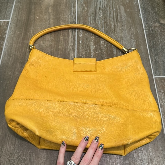 TALBOTS Soft Pebbled Leather Mustard Yellow Hobo Shoulder Bag Hook Loop Closure - Picture 3 of 14